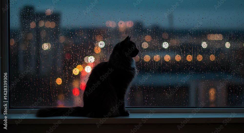 Fototapeta premium Cat Sitting by Window at Night