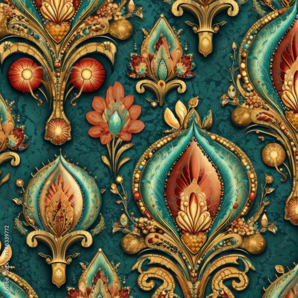 Fototapeta premium Paisley pattern with floral elements on red background, highly detailed
