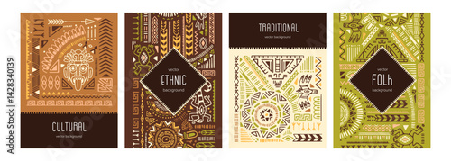 Set of card designs with ancient Aztec ornaments and frame with place for text. Posters with ethnic patterns, abstract tribal elements, Peruvian symbols, African signs. Flat vector illustrations