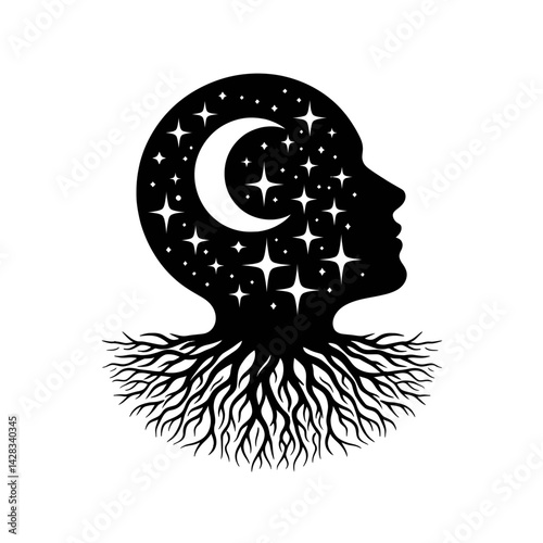 Silhouette of a face with roots below and stars above, symbol of being grounded yet visionary, black icon on white 