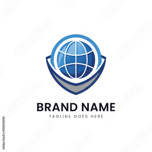 A sleek, modern logo featuring a blue globe enclosed in a shield, symbolizing global protection and innovation.