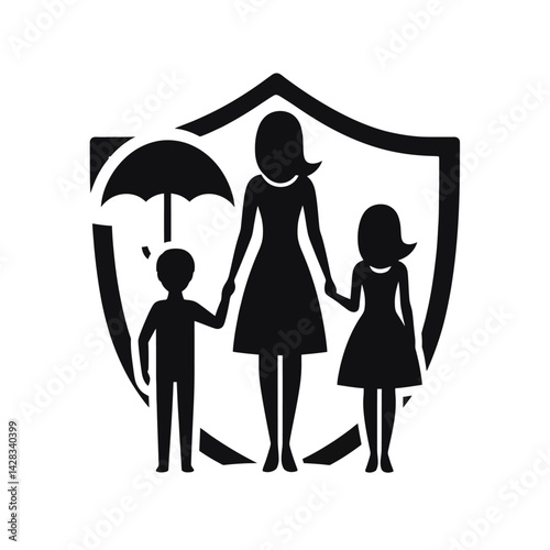 Silhouette of a family holding a shield, symbolizing protection and unity, black vector icon, white background