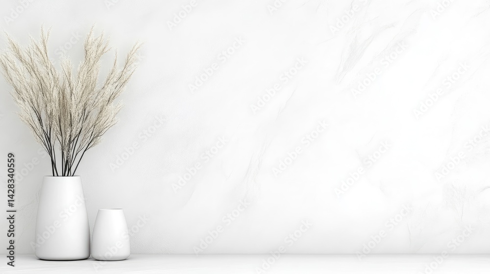 A white ceramic vase with tall dried grasses standing beside a smaller white vessel on a minimalist white marble surface, and clean and elegant interior design.