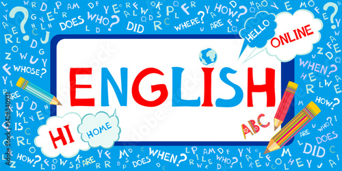 Learning english. Online english lesson for pupils and students. Video course, distance education, web seminar, internet class, personal teacher service. Horizontal banner. vector illustration