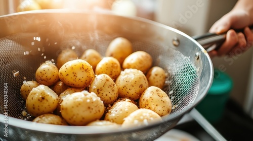 This image showcases a colander filled with freshly cooked, small, yellow-brown potatoes, highlighting their texture and delicious appeal in a kitchen setting.