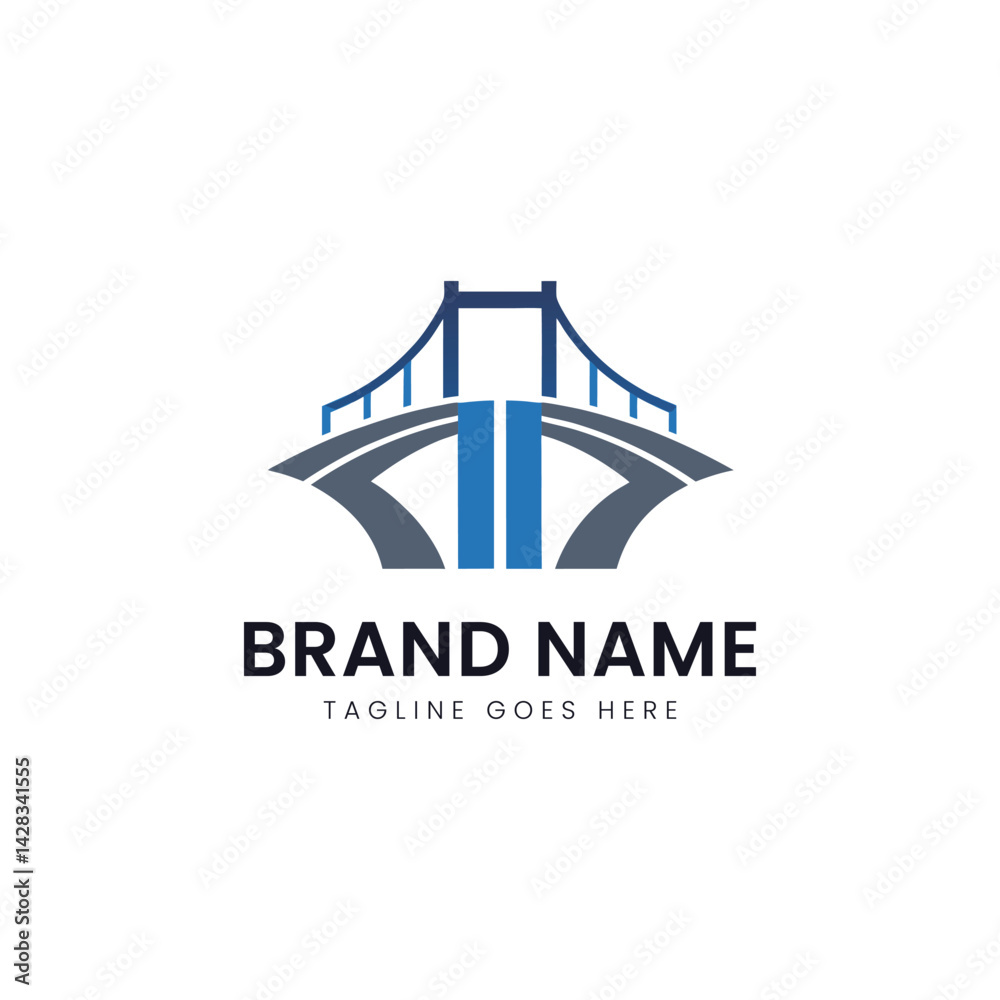 Stylized bridge logo featuring a blue and gray color scheme, symbolizing connectivity and strength, ideal for construction or engineering businesses.