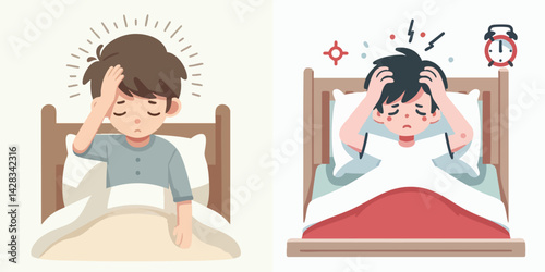 set vector teenager headache lying on bed
