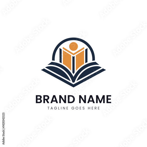An abstract logo design featuring an open book, symbolizing knowledge and education, with a stylized figure rising above it. Perfect for educational organizations.
