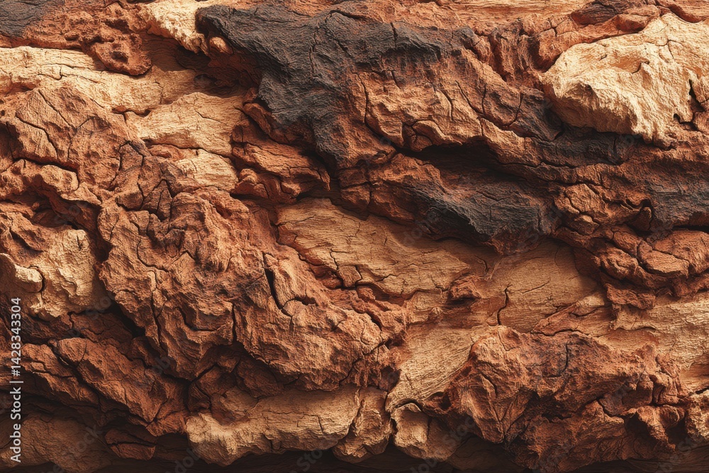 A highly detailed macro shot of an old tree bark with rough textures and deep cracks, displaying a range of brown, beige, and dark hues in the weathered wood surface. A highly detailed macro shot of an old tree bark with rough textures and deep cracks, displaying a range of brown, beige, and dark hues in the weathered wood surface.