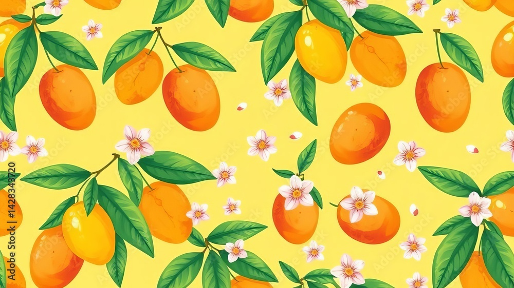 Vibrant Seamless Pattern of Ripe Kumquats with Blossoms on Yellow Background Vibrant Seamless Pattern of Ripe Kumquats with Blossoms on Yellow Background