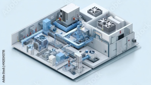 3D isometric illustration of HVAC blower system Industrial airflow setup visual