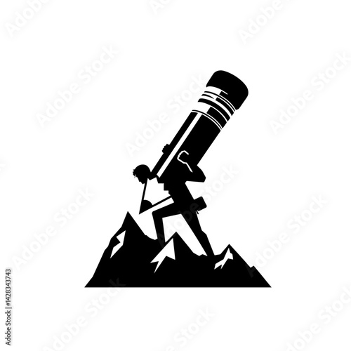 Silhouette of a mountain climber with a pencil as an ice axe, symbol of creative struggle, black vector icon, isolated 