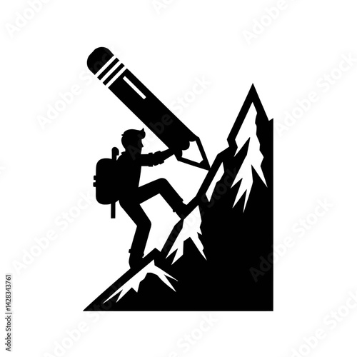 Silhouette of a mountain climber with a pencil as an ice axe, symbol of creative struggle, black vector icon, isolated 