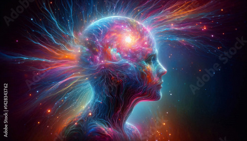 Surreal dreamlike portrait with head transforming into a galaxy, glowing neural paths radiating in psychedelic patterns, symbolic concept of expanded consciousness and vision