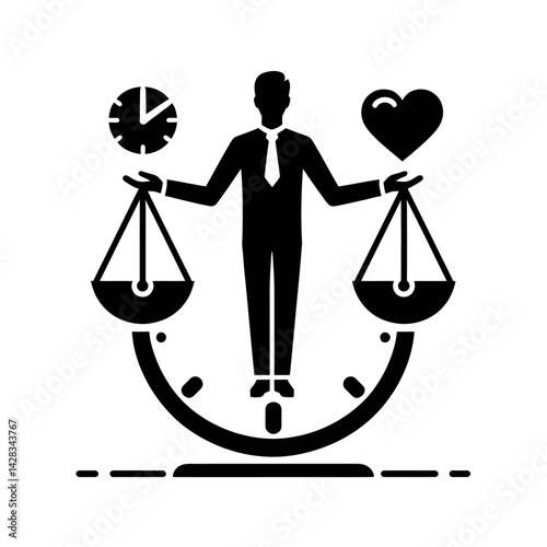 Silhouette of a person balancing a clock and a heart in two hands, concept of time and emotions, vector icon, black on white