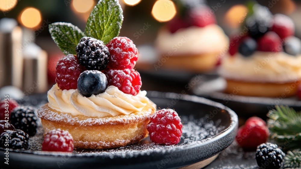 This image features an elegant cupcake topped with a swirl of cream and fresh berries, conveying a sense of sweetness and culinary artistry perfect for any event.