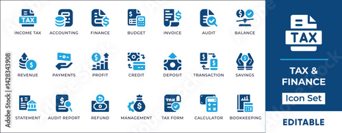 Minimal flat tax and finance icons including budget, banking, income, savings, and payment. Perfect for apps, reports, and financial content.