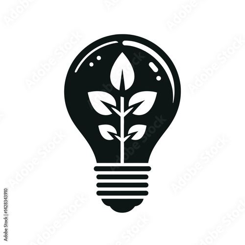 Silhouette of a lightbulb with a plant growing inside, concept of green energy or eco ideas, black icon on white background 