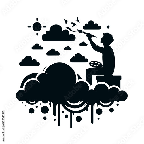Silhouette of a man painting clouds in the sky, concept of creativity and imagination, black vector icon, isolated on white 