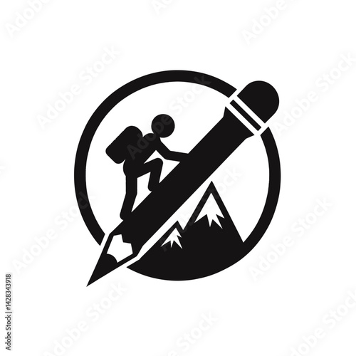 Silhouette of a mountain climber with a pencil as an ice axe, symbol of creative struggle, black vector icon, isolated 