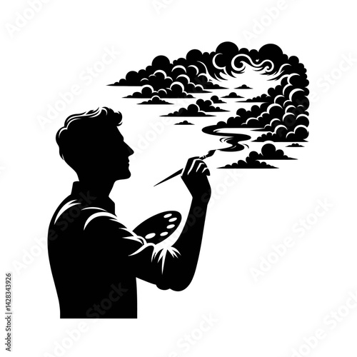Silhouette of a man painting clouds in the sky, concept of creativity and imagination, black vector icon, isolated on white 