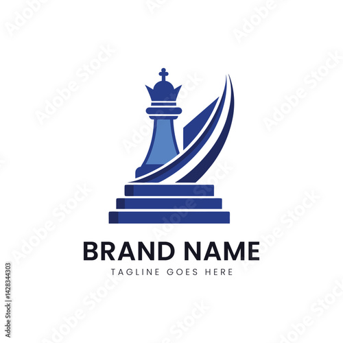 A modern blue logo featuring a chess king piece on a pedestal, symbolizing strategy and leadership. The design conveys strength and sophistication.