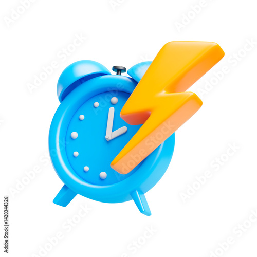3D alarm clock with flash lightning. Vector deadline icon of yellow thunderbolt with blue clock. Realistic lightning symbol of time alert notification. Time management concept isolated on white