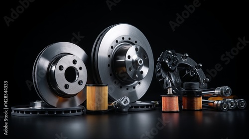 Car spare parts on black background Includes suspension arms filters and brake discs Auto service items