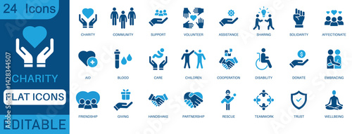 Charity and community icon set editable flat vector icons for donation, support, volunteering, healthcare, teamwork, wellbeing, and social care. Ideal for NGOs and humanitarian projects.