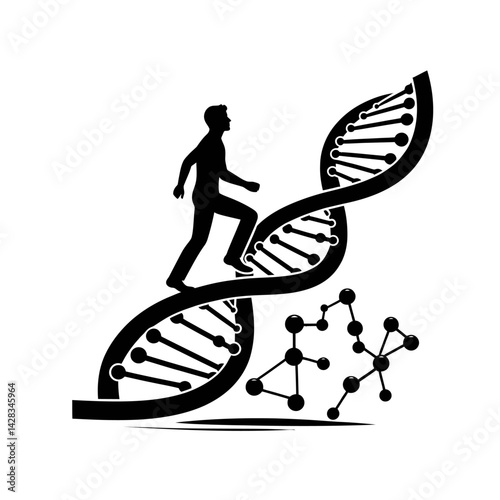 Silhouette of a person climbing a DNA strand like a ladder, concept of personal evolution and health, black vector icon, white background 
