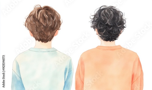 Two 15 year old boys, cute atmosphere, upper body, delicate line drawing, full color, realistic, white background