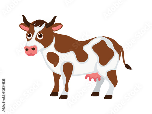 Cute white brown cow in cartoon style vector illustration. Funny spotted cow cartoon character. Happy mottled cow icon vector isolated on a white background. Farm animal drawing