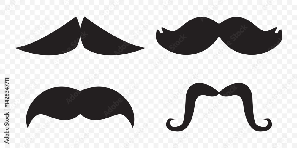 Mustache silhouette vector set, moustache icon collection set of 4 on Transparent Background. EPS 10. Mustache silhouette vector set, moustache icon collection set of 4 on Transparent Background. EPS 10.