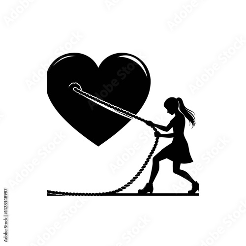 Silhouette of a person pulling a rope connected to a giant heart, symbol of emotional effort, black vector on white background