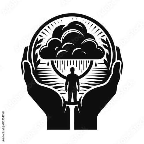 Silhouette of a person holding a mirror reflecting a storm cloud, symbol of inner struggle, black icon on white background 