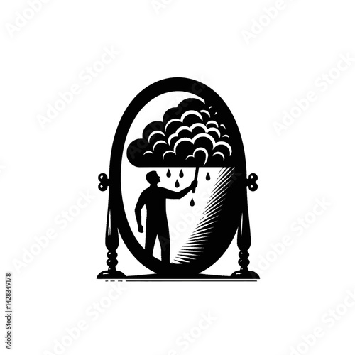 Silhouette of a person holding a mirror reflecting a storm cloud, symbol of inner struggle, black icon on white background 