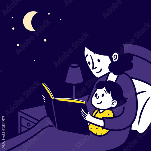 Mother reading bedtime story to child at night  