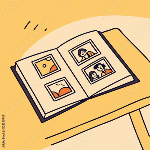 Illustration of a photo album with memories on a table  