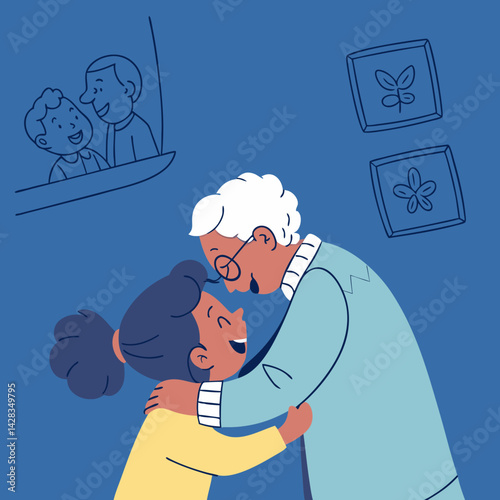 Granddaughter hugging grandmother joyfully in a cozy indoor setting  
