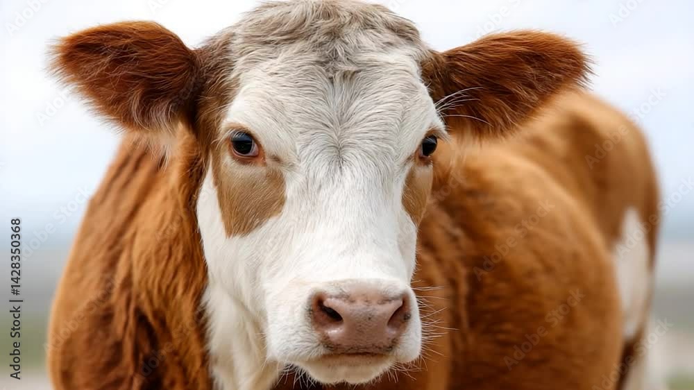 Brown and white cow gazing forward with watchful eyes Brown and white cow gazing forward with watchful eyes