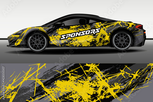 Racing car wrap design vector. Car sticker design. Abstract racing and sport background with gray stripes and yellow scratches for racing paint or vinyl sticker for daily use. 