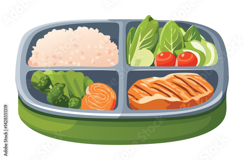 Set of Bento Rice Grilled Chicken and Vegetables - Vector Illustration