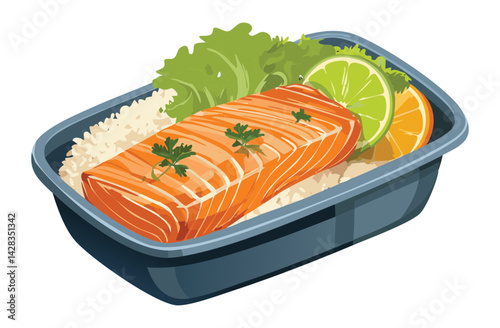Salmon Grilled Bento Rice and Vegetables - Vector Illustration