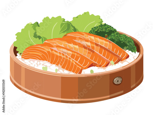 Salmon Steak Slice with Rice and Vegetables Bento Food - Vector Illustration