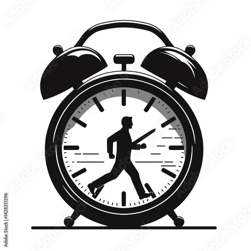 Silhouette of a person walking inside a giant alarm clock, concept of time pressure and routine, black vector icon, isolated 