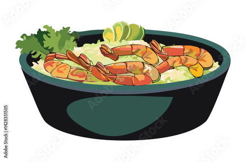 Bowl of Shrimp Salad with Vegetables - Vector Illustration