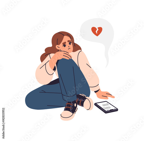 Sad girl suffers from breakup text by phone. Depressed teenager is unhappy because of painful finishing of relationship by message by smartphone. Flat isolated vector illustration on white background