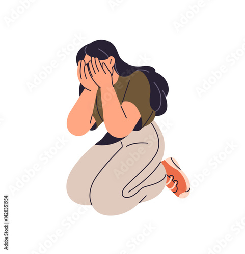 Unhappy girl in misery cries, hides face with hands. Sad teenager suffers, weeping from anxiety, despair, grief. Lonely woman, victim in sorrow. Flat isolated vector illustration on white background
