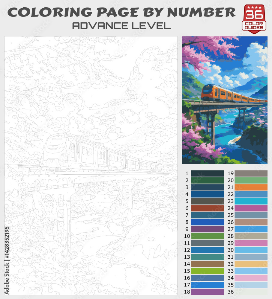 Fototapeta premium Color by Number Printable – Scenic Train Crossing Bridge in Cherry Blossom Valley, Advanced Travel Landscape Coloring Page