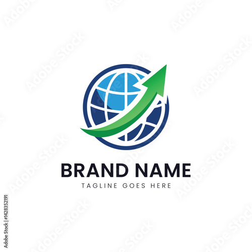 A modern logo design featuring a globe with an upward arrow, symbolizing growth and global reach in a sleek, professional style.